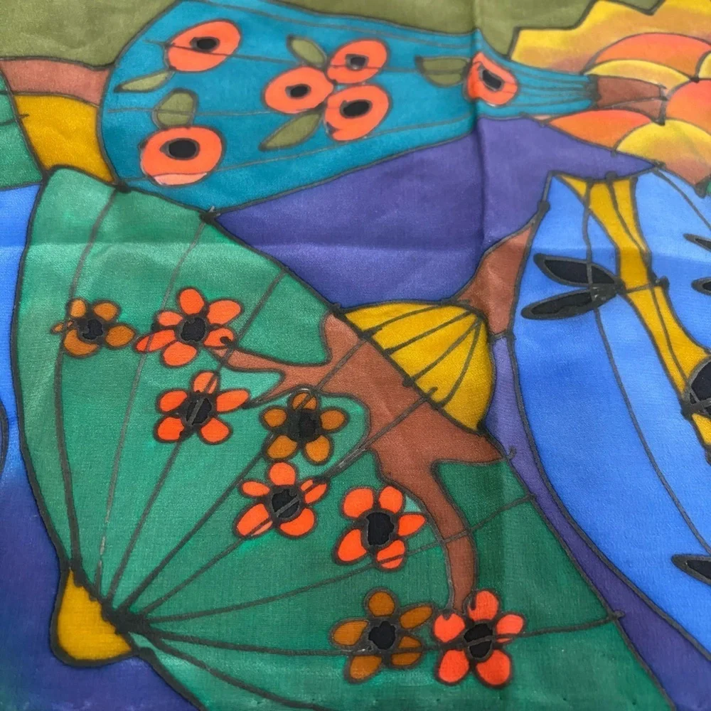 SILKSCAPES vintage silk multicolor silk scarf fish floral bamboo abstract USA